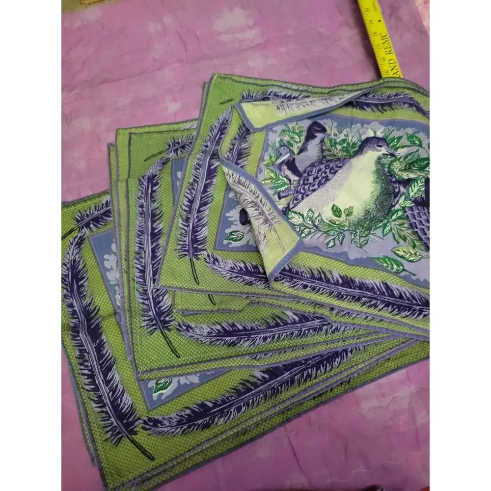 Purple And Green Quail Vintage Set Of 12 Fabric Napkins